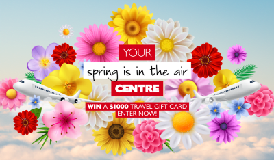 Your Spring is in the air centre | Win a $1,000* travel gift card. Enter Now! A cartoon image of planes and colourful flowers