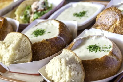 Clam chowder over a restaurant counter