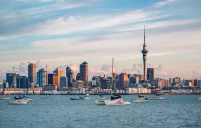 Auckland Skyline, North Island, New Zealand with views of harbour and boats