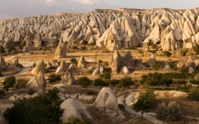 Distinct rock formations in the Cappadocia region of Turkey. 