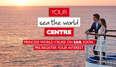 Your sea the world centre - Princess world cruise on sail soon. Pre-register your interest. Couple on the side of a cruise ship at sunset