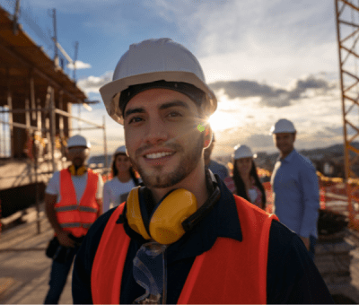 Construction worker smiling on work site