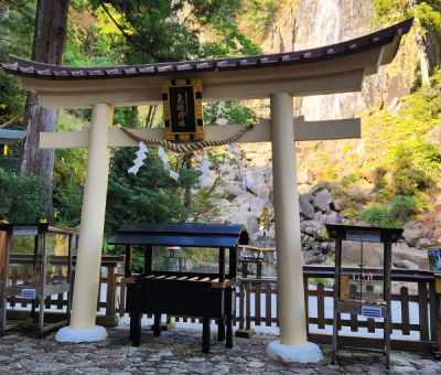 A traditional torii gate stands before a tall waterfall drenched in sunlight