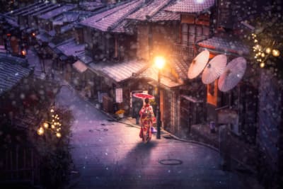 Japanese woman in snowy streets of Kyoto in Japan