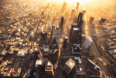 Drone's-eye view of downtown Los Angeles at sunset