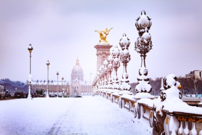 Paris, Bridge Pont Alexandre III in winter, snow, France