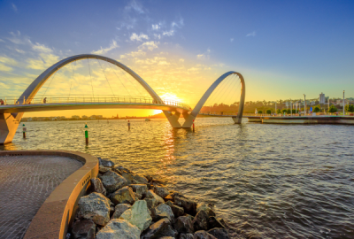 Elizabeth Quay footbridge over the Swan River at sunset