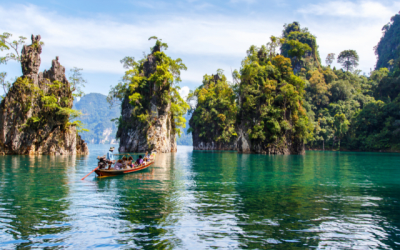 Clear blue waters surrounded by trees in Khao Sok National Park, Thailand.