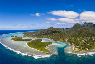 Aerial view of the Muri beach and lagoon, in Rarotonga in the Cook Islands