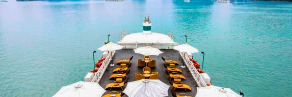 Top deck of cruise ship cruising through the Phi Phi Islands