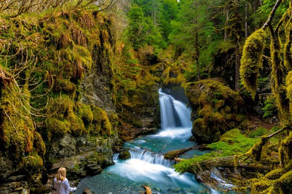 Hiker looking out at fast rushing water through a forest