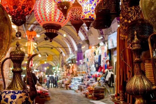 Marketplace in Istanbul with stunning traditional lights hanging from ceiling