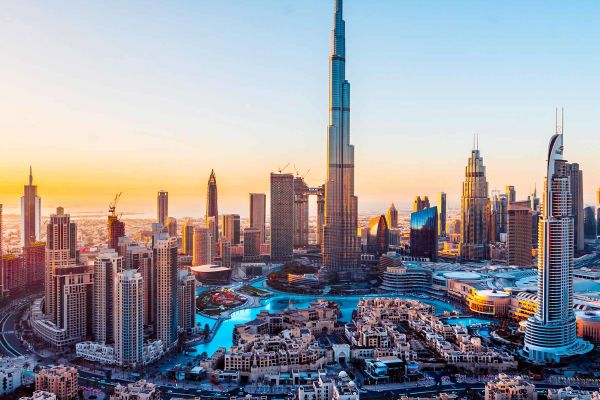 City shot at dusk with Burj Khalifa