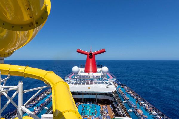 Top deck of Carnival ship with water slides and pool