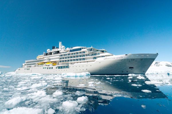 Silversea cruise ship sailing through ice-filled water