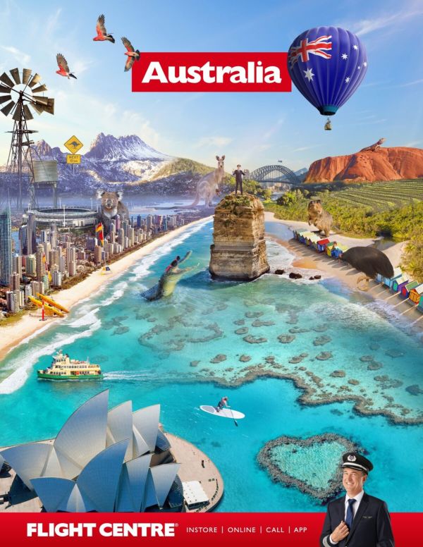 Sydney Opera House and the Great Barrier Reef with a balloon with the Australian flag on it flying over the top and the text "Australia" 
