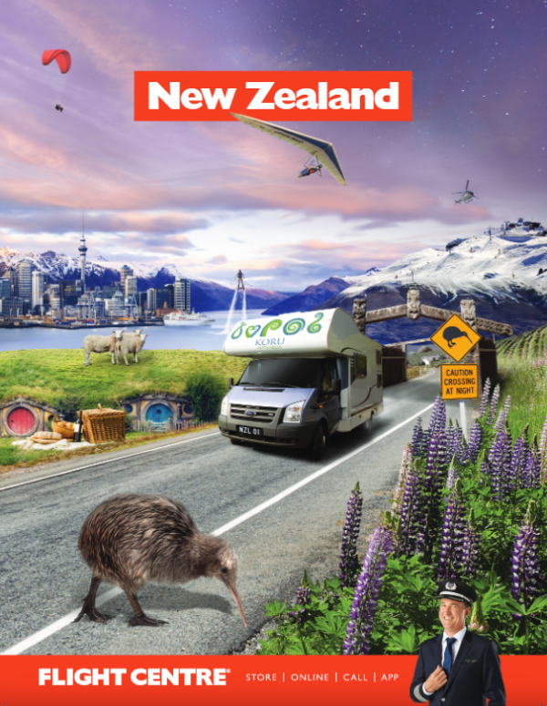 New Zealand brochure, featuring iconic New Zealand animals, locations & activities. Kiwi bird, a camper van, Maori architecture, sheep, Hobbiton, sky divers & more