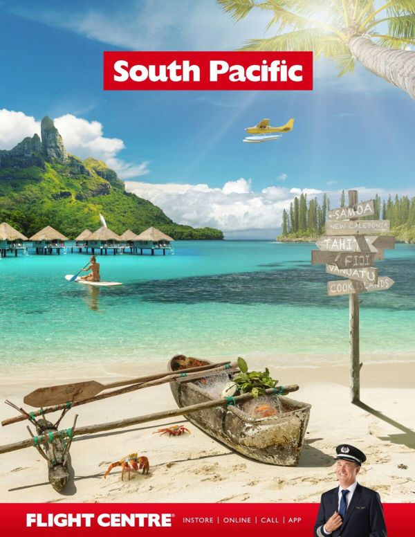A raft on the beach with blue waters and overwater bungalows and the text "South Pacific" at the top