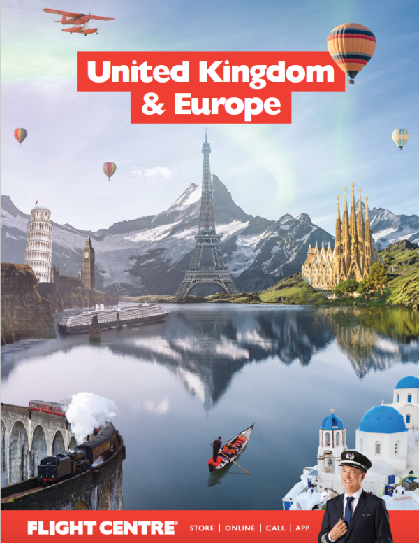 United Kingdom & Europe - several iconic tourist destinations: Leaning Tower of Pisa, the Eifel Tower, a Steam Train, White and Blue Greek housing, Sagrada Família, and Elizabeth Tower (Big Ben)
