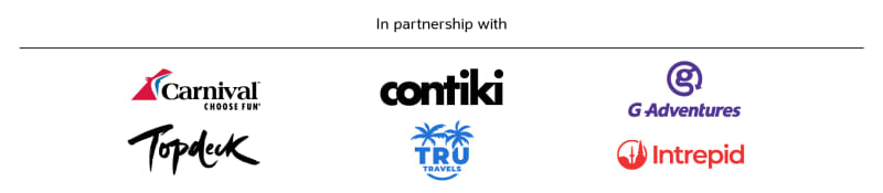 In partnership with | Contiki, Carnival, Topdeck, G-Adventures, Intrepid & TRU Travels
