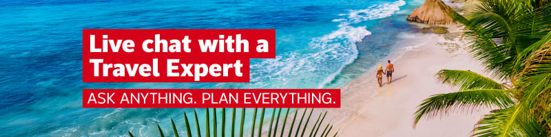 Live chat with a Travel Expert - ask anything, plan everything | Two people standing hand in hand looking out at the ocean, framed by palm trees