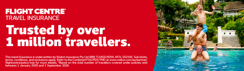 Three people stacked on top of each other in a pool featuring Flight Centre Travel Insurance trusted by over 1 million travellers
