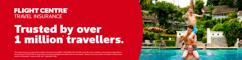 Three people stacked on top of each other in a pool featuring Flight Centre Travel Insurance trusted by over 1 million travellers
