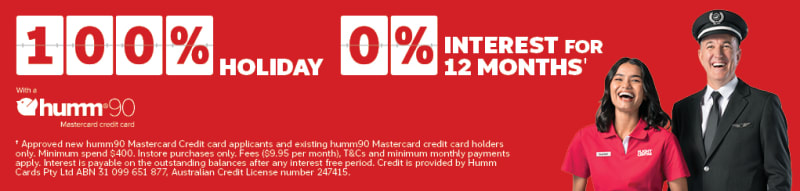 Flight Centre consultant and pilot smiling beside a humm90 Mastercard offer for 100% holiday at 0% interest for 12 months