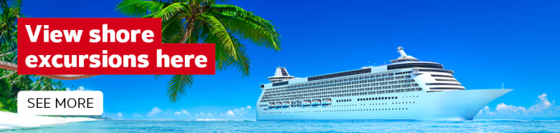 View shore excursions here - see more | cruise ship next to a tropical island