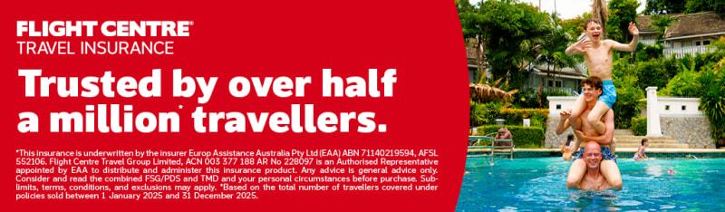 Three people stacked on top of each other in a pool promoting Flight Centre Travel Insurance trusted by over half a million travellers