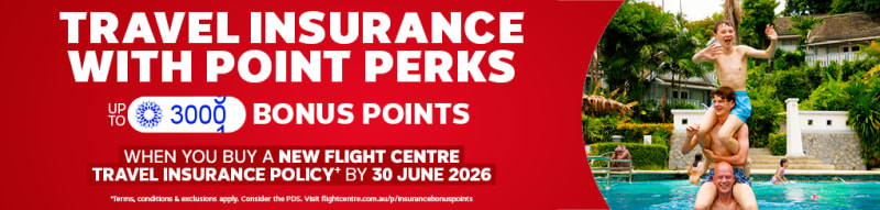 Travel insurance offer featuring up to 3000 bonus World360 Rewards points when buying a new Flight Centre Travel Insurance policy by 30 June 2026