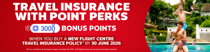 Travel insurance offer featuring up to 3000 bonus World360 Rewards points when buying a new Flight Centre Travel Insurance policy by 30 June 2026