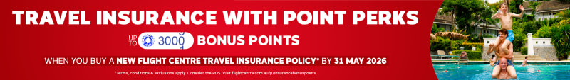 Travel Insurance with point perks - up to 3,000 bonus points when you buy a new Flight Centre Travel Insurance policy* by 31 May 2026 | *Terms, conditions & exclusions apply. Consider the PDS. Visit flightcentre.com.au/p/insurancebonuspoints
