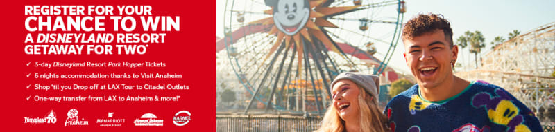 Register for your chance to win a Disneyland resort getaway for two* | 3-day Disneyland Resort Park Hopper Tickets | 6-nights accommodation thanks to Visit Anaheim | Shop 'til you drop at LAX Tour to Citadel Outlets | One-way transfer from LAX to Anaheim & more*