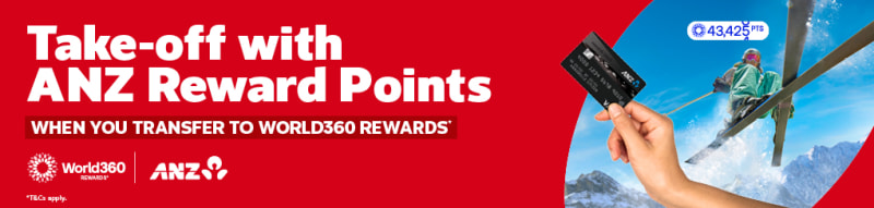 Skier jumping and a hand holding an ANZ bank card featuring take-off with ANZ reward points when you transfer to World360 rewards