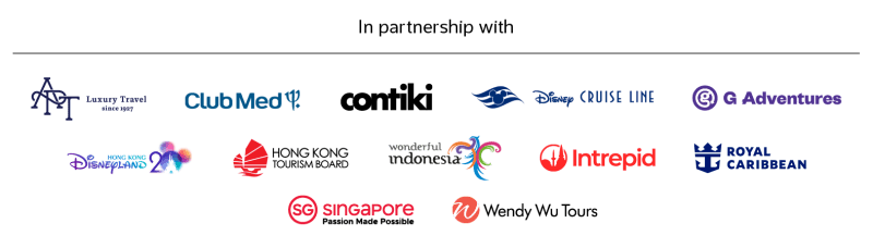 In partnership with | APT Luxury Travel, Club Med, Contiki, Disney Cruise Line, G Adventures, Disneyland Hong Kong, Hong Kong Tourism Board, Wonderful Indonesia, Intrepid, Royal Caribbean, Singapore, Wendy Wu Tours