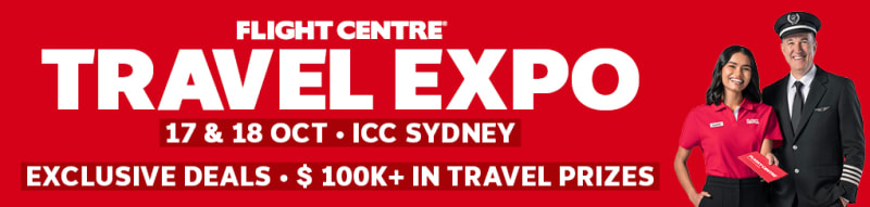 Flight Centre Captain and Co-Captain celebrating the Flight Centre Travel Expo on the 17 &18 October, featuring exclusive deals and $100k+ in travel prizes