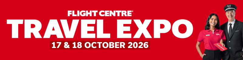 Flight Centre Captain & Co-Captain advertising the Flight Centre Travel Expo on the 17th & 18th October 2026