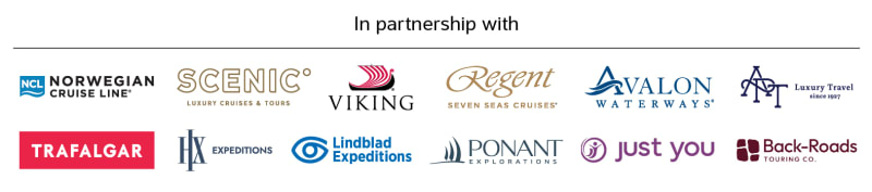Partnership logos for NCL, Scenic, Viking, Regent Seven Seas, Avalon Waterways, APT, Trafalgar, HX Expeditions, Lindblad Expeditions, Ponant, Just You and Back-Roads Touring Co.
