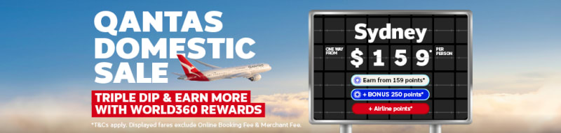 Qantas plane flying through clouds featuring a Qantas domestic sale including one way flights to Sydney from $159, earning more points with World360 rewards