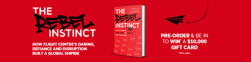 Red book titled The Rebel Instinct, with a chance to win a $10,000 Gift Card when you preorder