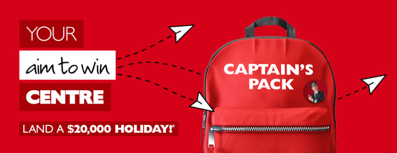 Your aim to win centre - land a $20,000 holiday*. Red Flight Centre Captain's Pack with cartoon paper aeroplanes