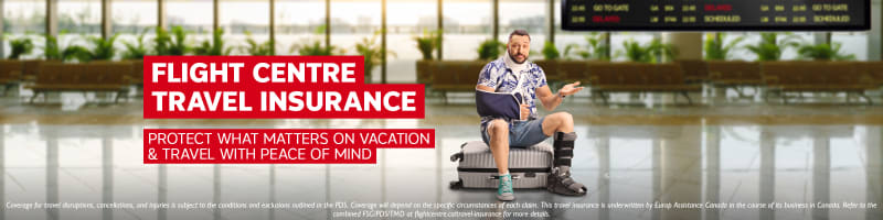 Flight Centre Travel Insurance | protect what matters on holiday & travel with peace of mind. Man with a broken neck, arm and leg sitting on a suitcase