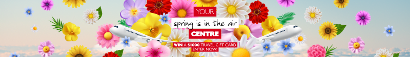 Your Spring is in the air centre | Win a $1,000* travel gift card. Enter Now! A cartoon image of planes and colourful flowers