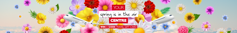 Your Spring is in the air centre | Win a $1,000* travel gift card. A cartoon image of planes and colourful flowers