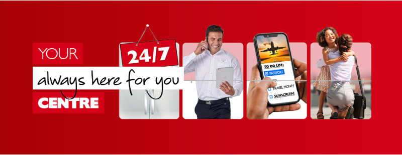 Your always here for you centre. Icons showing satisfied customers, 24/7 support, and great deals