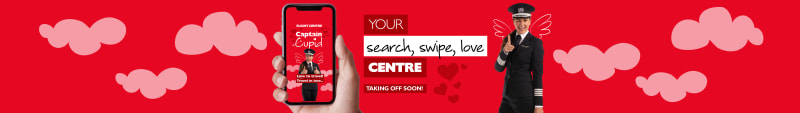 Your search, swipe, love centre - taking off soon! Hand holding a phone with a pilot posing suggestively in front of a red cupid background