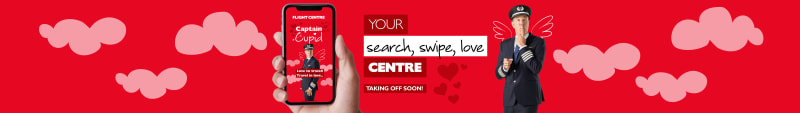 Your search, swipe, love centre - taking off soon! Hand holding a phone with a pilot posing suggestively in front of a red cupid background