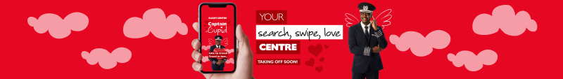 Your search, swipe, love centre - taking off soon! Hand holding a phone with a pilot posing suggestively in front of a red cupid background
