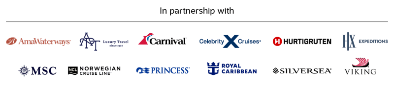 In partnership with AmaWaterways APT Carnival Celebrity Cruises Hurtigruten HX Expeditions MSC Norwegian Princess Royal Caribbean Silversea and Viking
